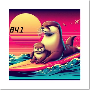 841 surfing otter with baby Posters and Art